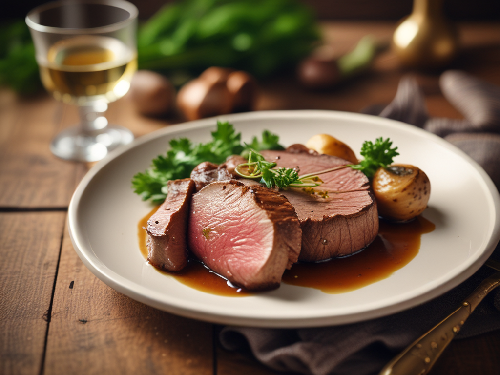 ‘Утончённый рецепт говядины с грибами и белым винным соусом’
